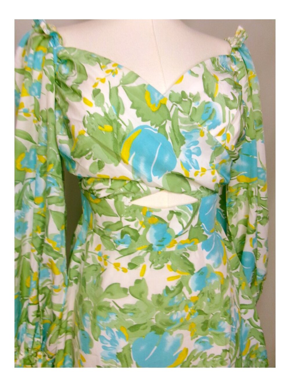 Hello Molly Floral Long Sleeve Mini Dress Blue Green Cutout Lace Up Size M
